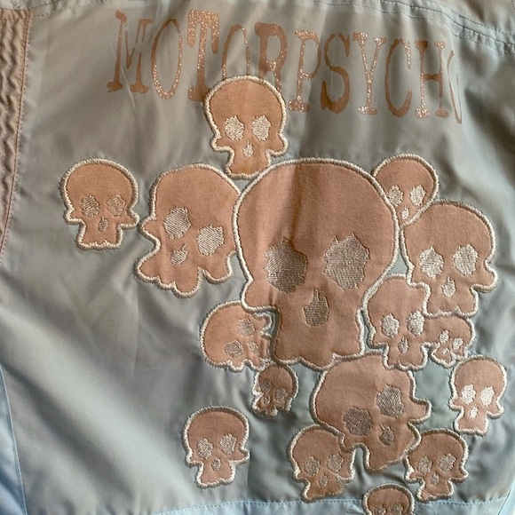 Super G Psycho embroidered logo/skulls graphic zip jacket leather trim, W’s M - Picture 4 of 12